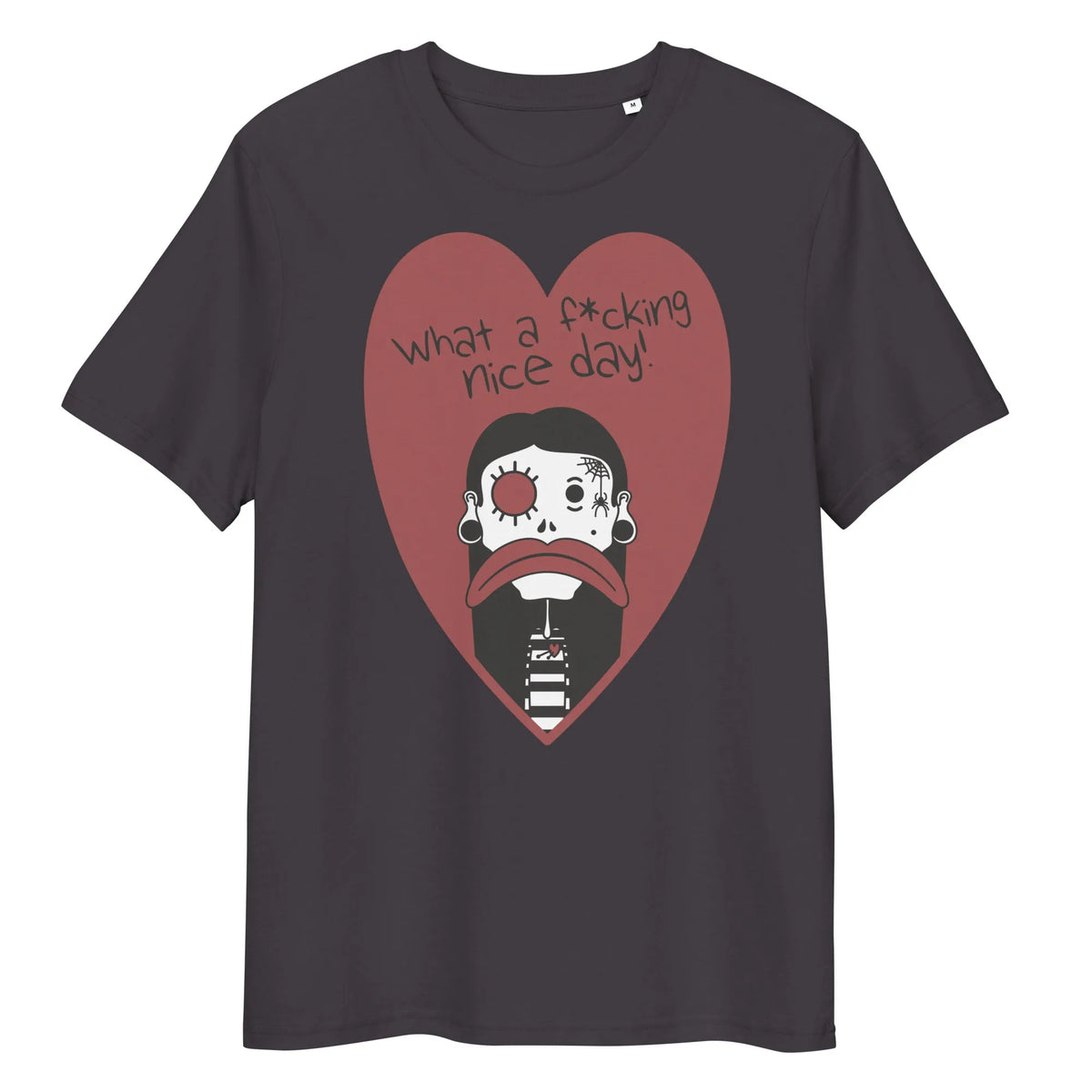 Veganes Bio-T-Shirt in Anthrazit mit Herzmotiv und Cartoon-Gesicht vorne