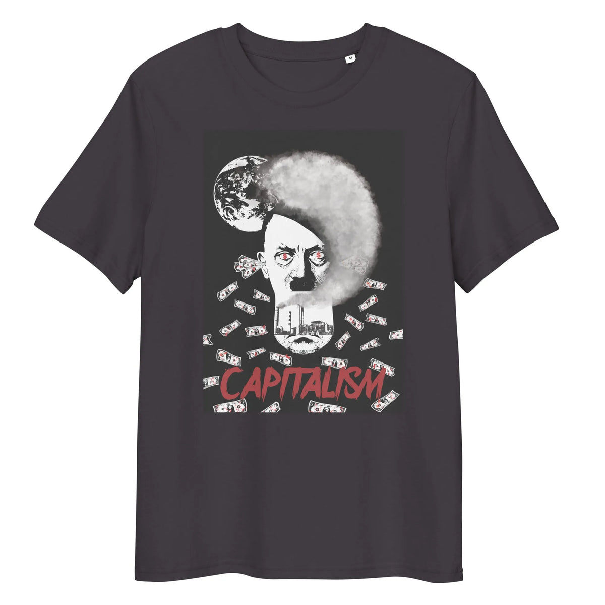 Dunkelgraues T-Shirt mit Rundhalsausschnitt und Grafik „CAPITALISM“