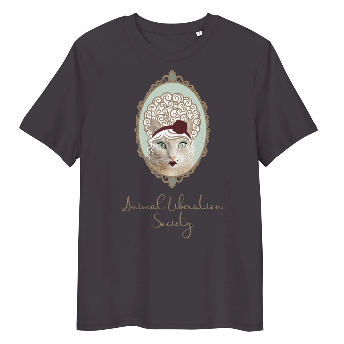 Damen-T-Shirt in Anthrazit mit Katzenmotiv im ovalen Rahmen und Schriftzug