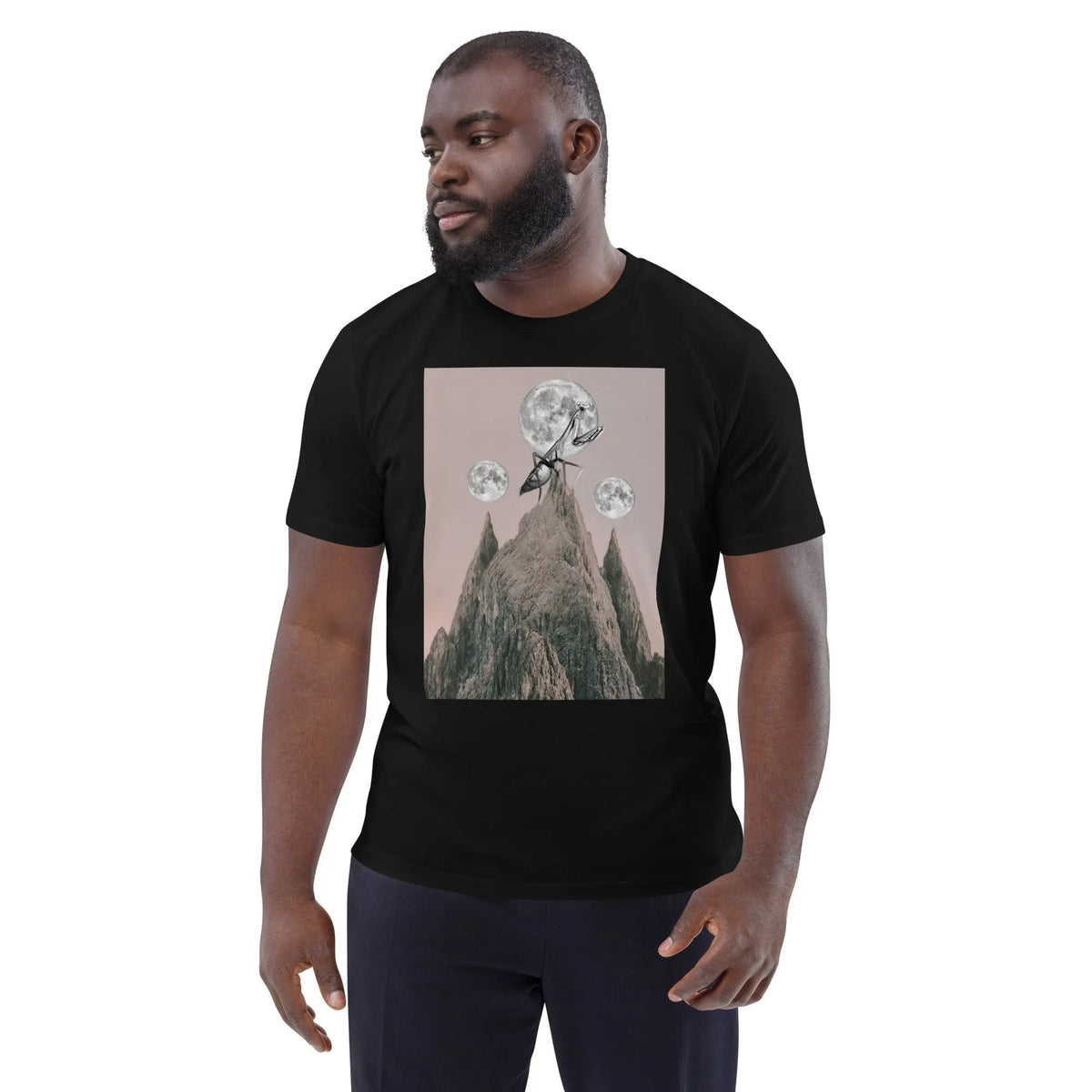 Veganes Bio-T-Shirt, schwarz, Rundhalsausschnitt, Frontprint einer Mantis mit Bergen