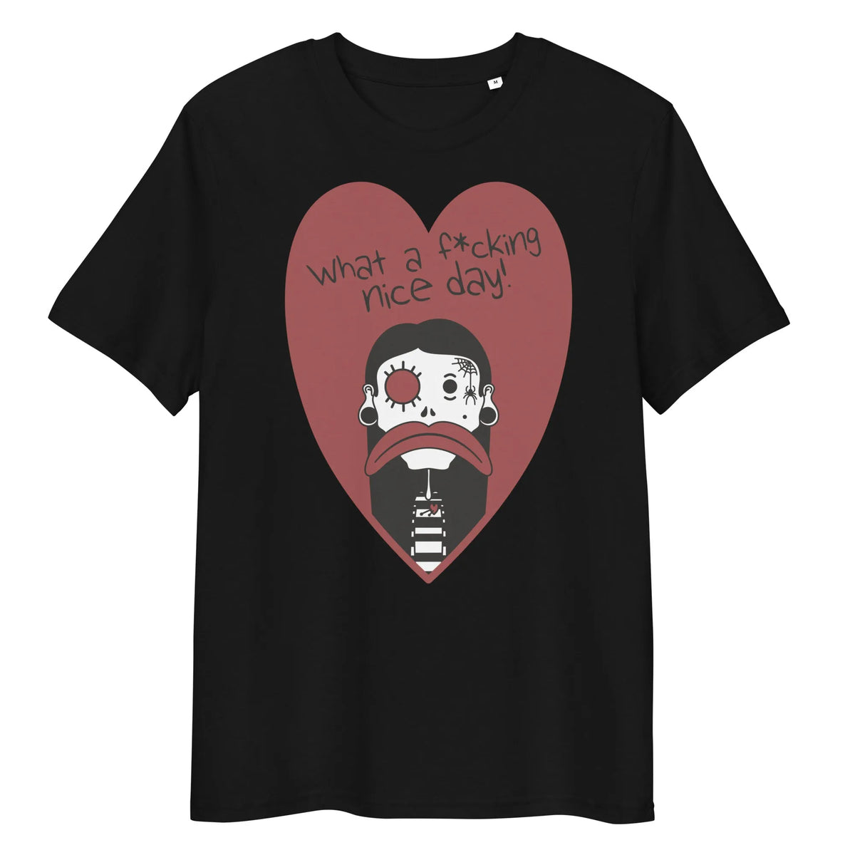 Veganes Bio-T-Shirt in Schwarz mit großem Herz-Print und Cartoon-Gesicht