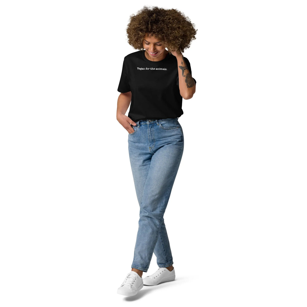 Veganes Bio-T-Shirt schwarz mit Frontprint „Vegan for the animals.“