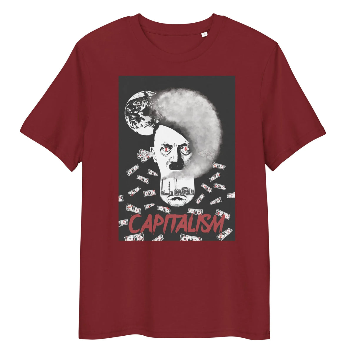 Burgunderrotes T-Shirt mit Rundhalsausschnitt und Porträt-Grafik „CAPITALISM“