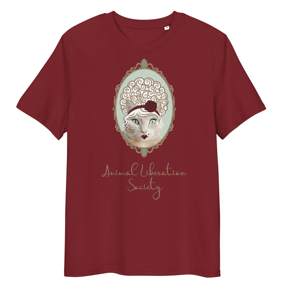 Damen-T-Shirt in Burgund mit Katzenmotiv im ovalen Rahmen und Schriftzug