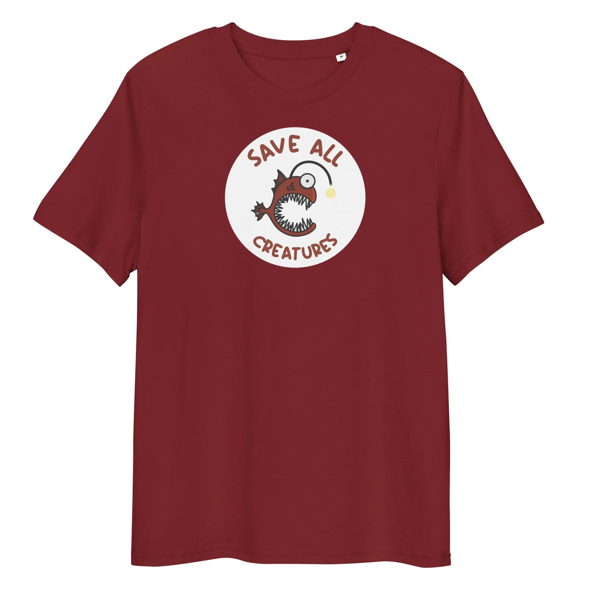 Burgunderrotes T-Shirt mit rundem Froschfisch-Print „Save All Creatures“