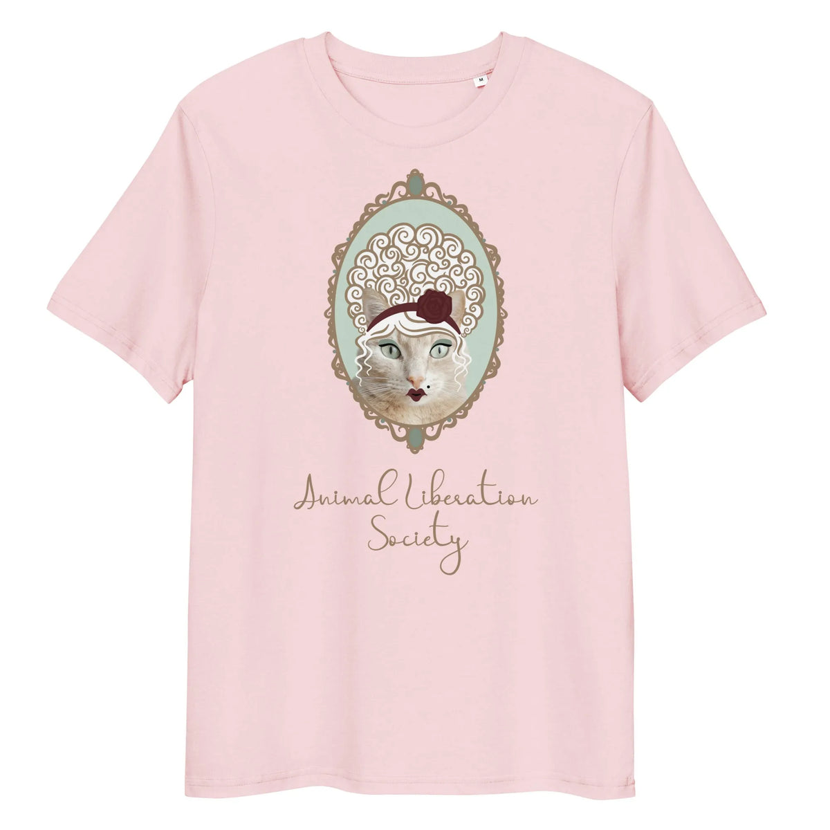 Damen-T-Shirt in Rosa mit Katzenmotiv im ovalen Rahmen und Schriftzug