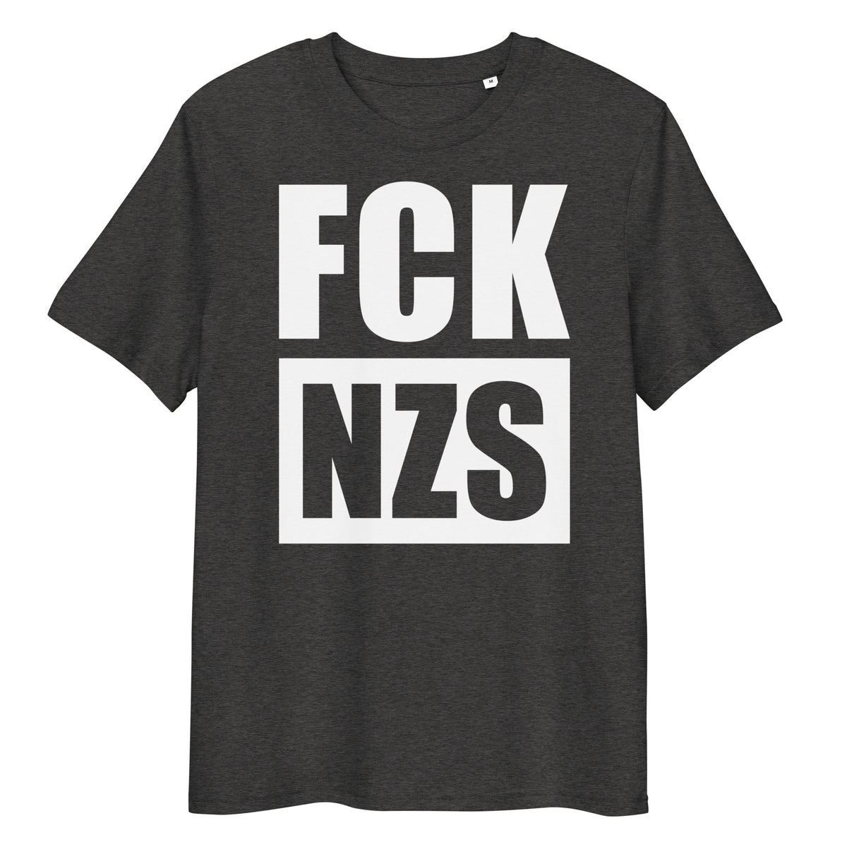 Dunkelgraues T-Shirt mit großem Frontaufdruck „FCK“ und „NZS“ in weißen Kästen