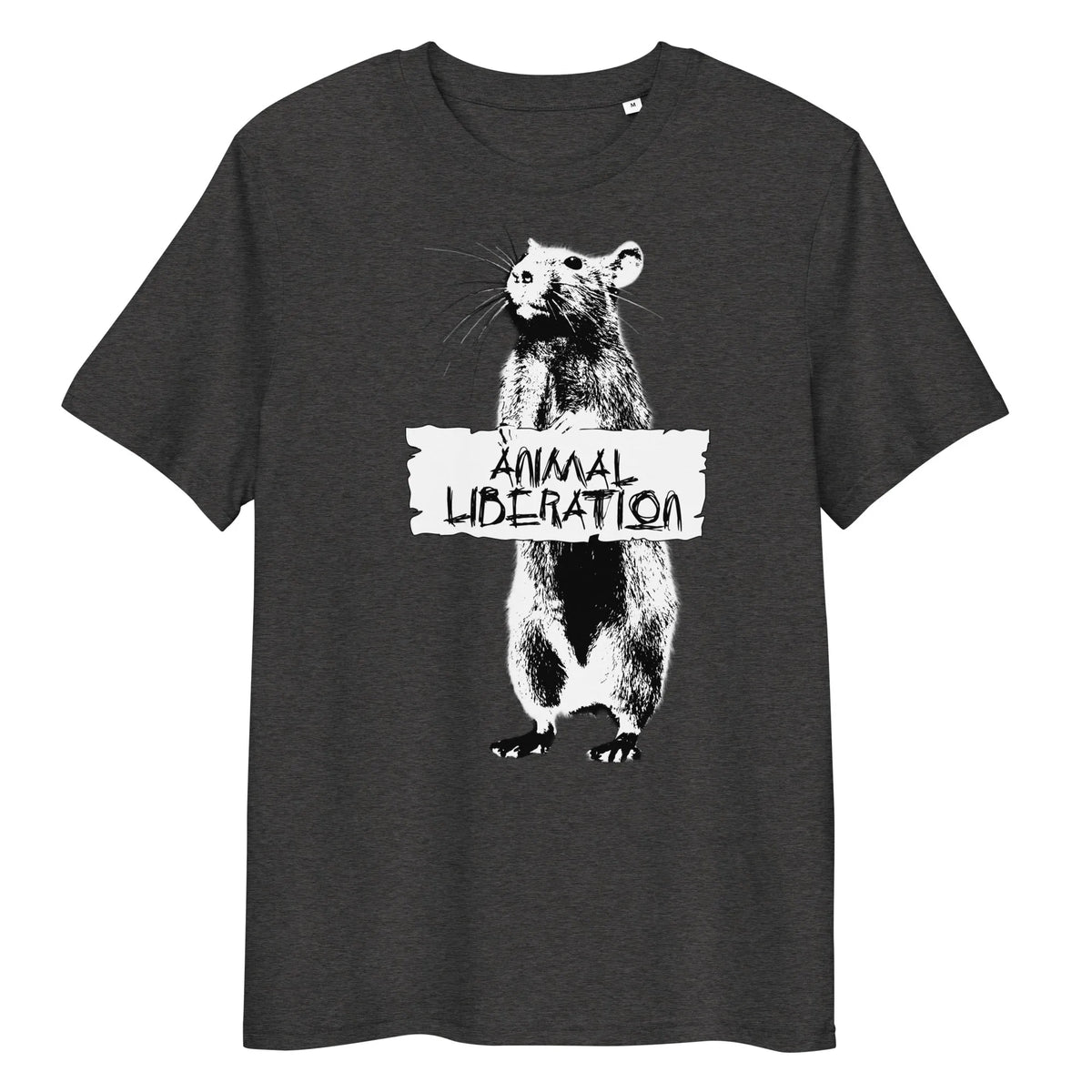 T-Shirt in Anthrazitgrau mit Rattenmotiv und Aufdruck „ANIMAL LIBERATION“ vorne