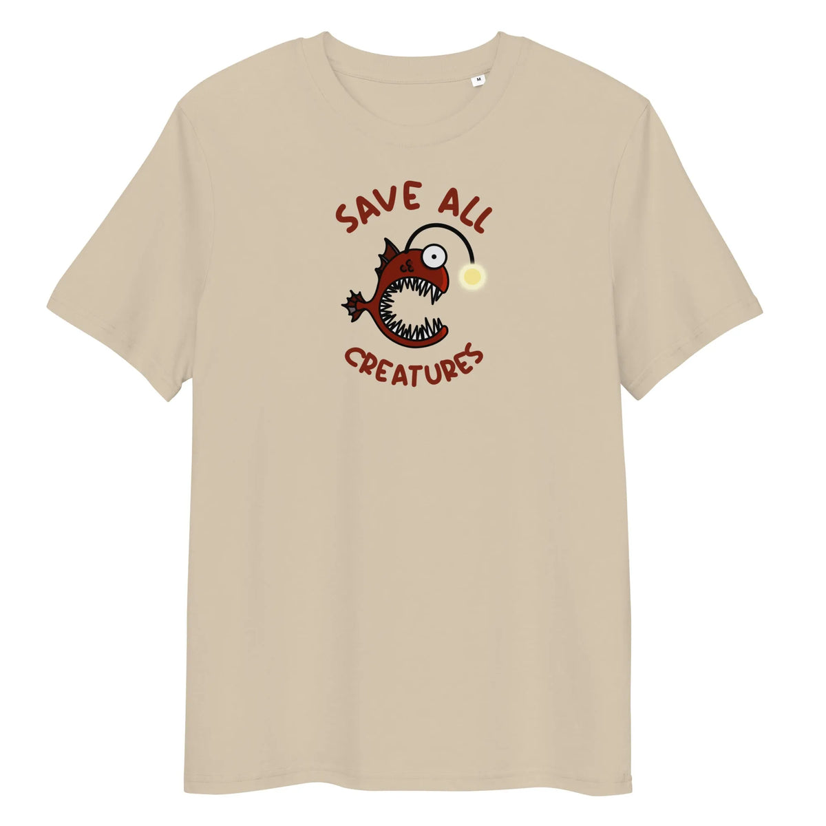 Veganes Bio-T-Shirt, beiges Design, Froschfisch-Aufdruck „Save All Creatures“
