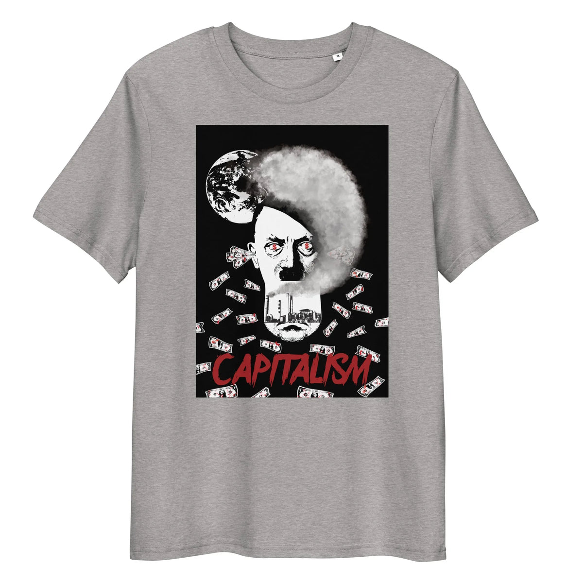 Heather-graues T-Shirt mit Rundhalsausschnitt und Grafik „CAPITALISM“