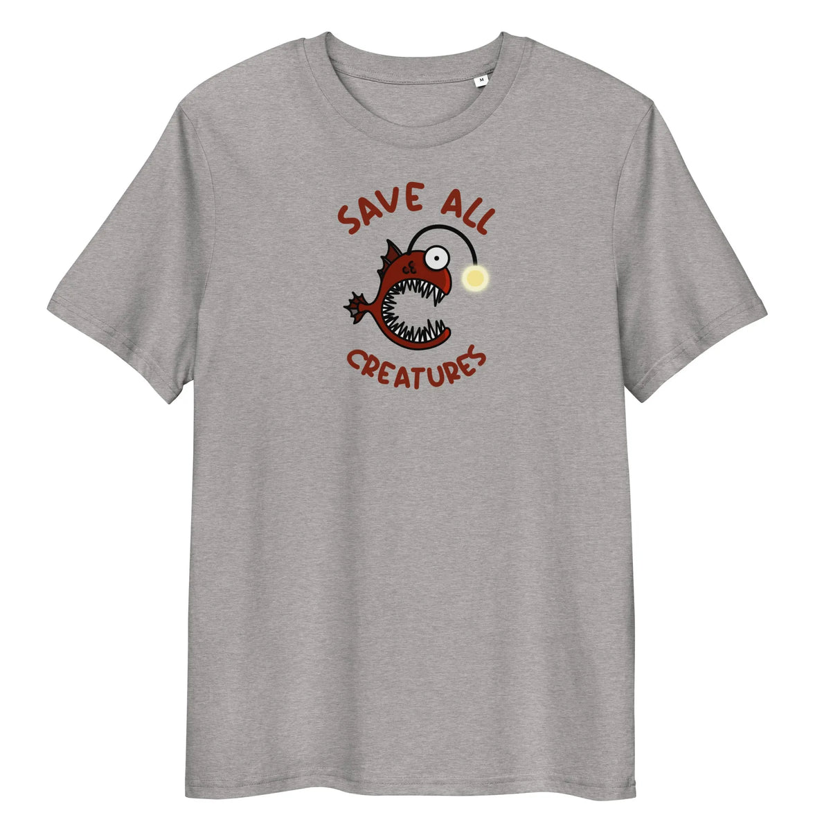 Veganes Bio-T-Shirt, graues Melange, Froschfisch-Aufdruck „Save All Creatures“