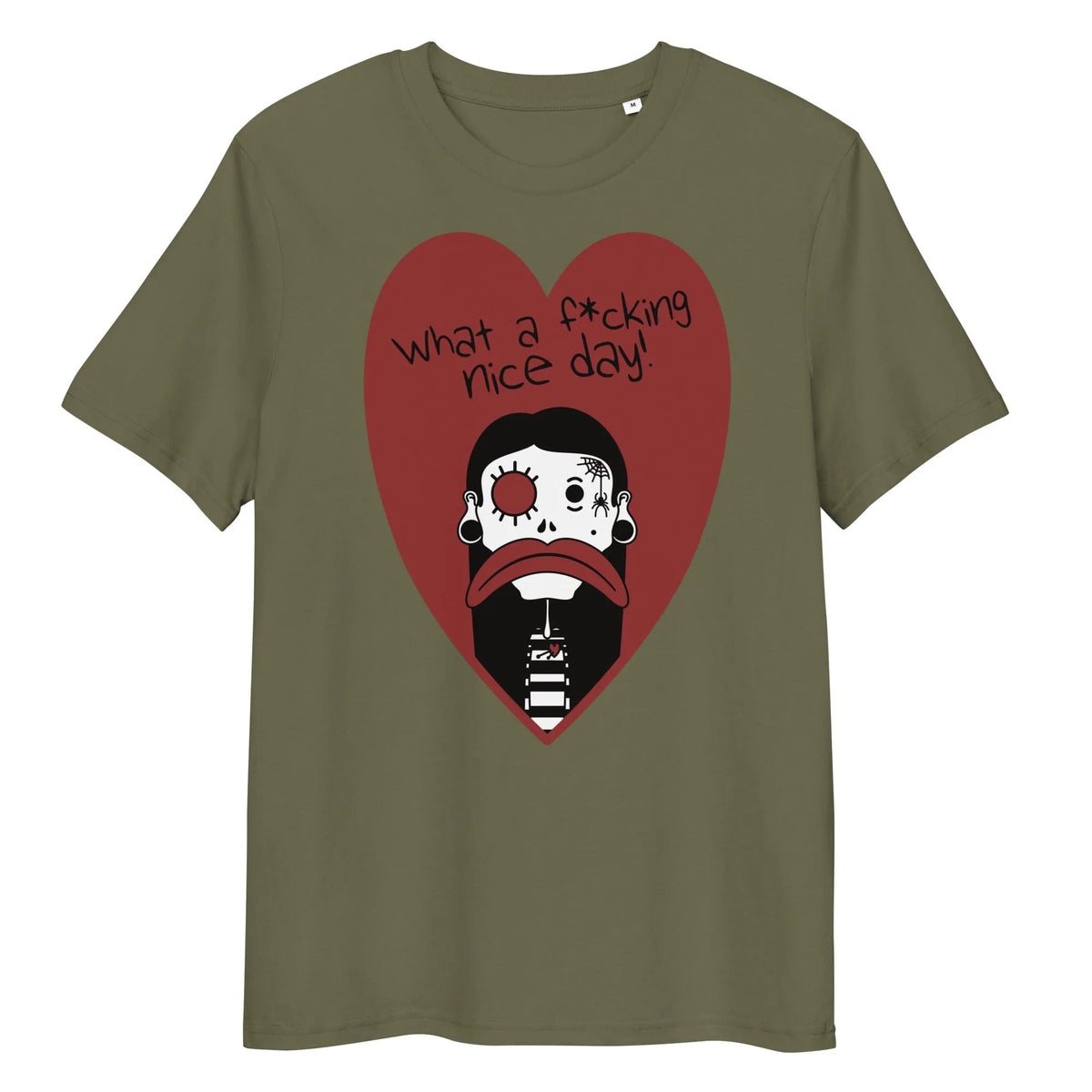 Veganes Bio-T-Shirt in Olivegrün mit Herzmotiv und Cartoon-Gesicht vorne