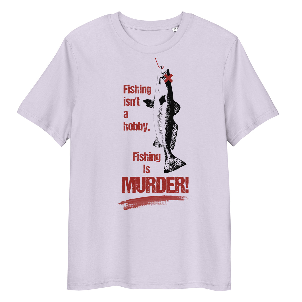 Hellgraues Bio-Baumwoll-T-Shirt mit Fisch-Grafik und dem Aufdruck Fishing is MURDER! in roter und schwarzer Schrift.