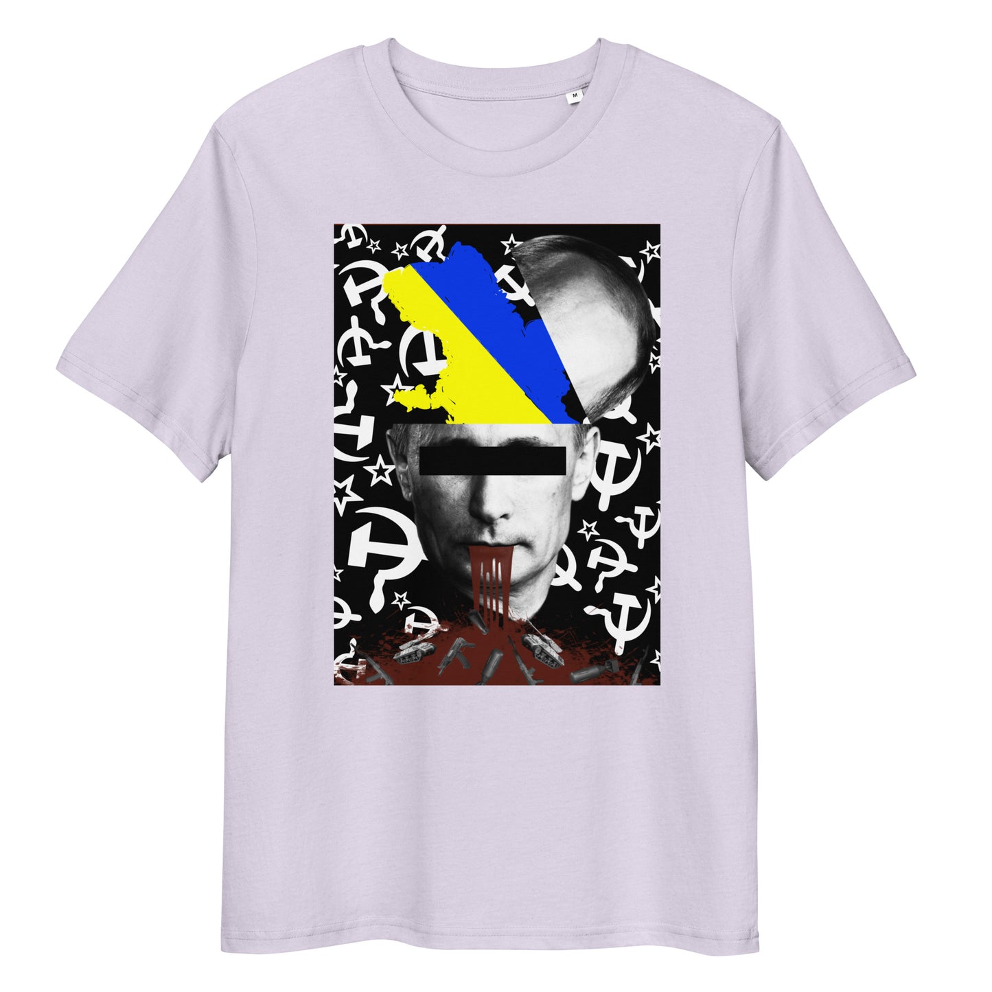 Hellgraues Bio-Baumwoll-T-Shirt mit politischem Grafikdruck, Ukraine-Flagge und Hammer-und-Sichel-Hintergrund.