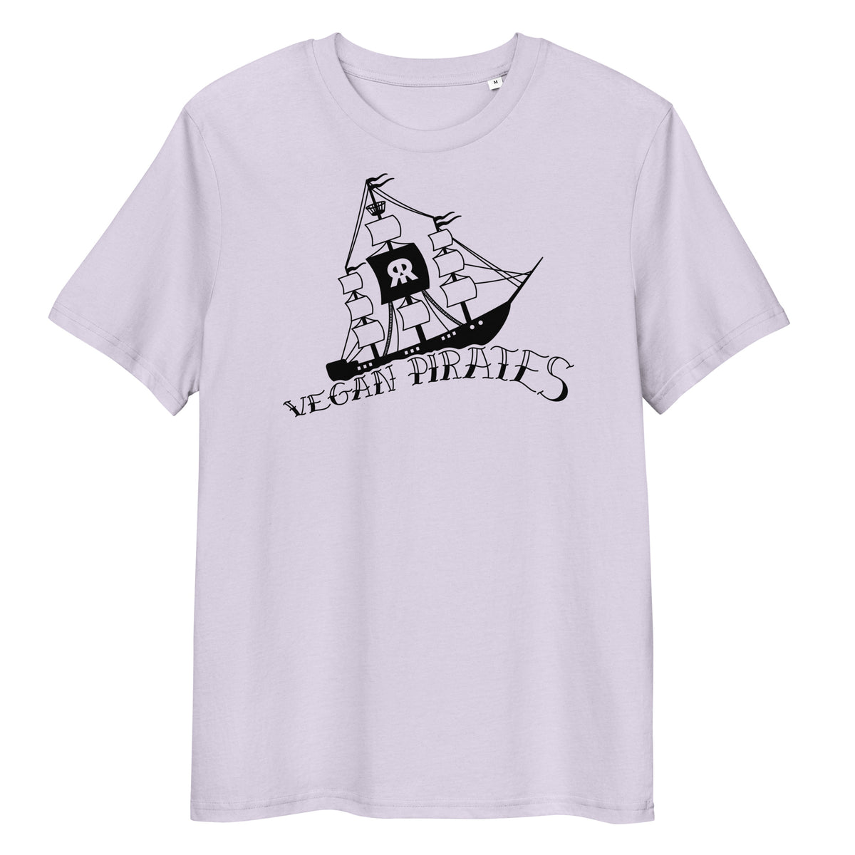 Hellblaues Bio-Baumwoll-T-Shirt mit schwarzem Vegan Pirates Segelschiff-Aufdruck und Rundhalsausschnitt.