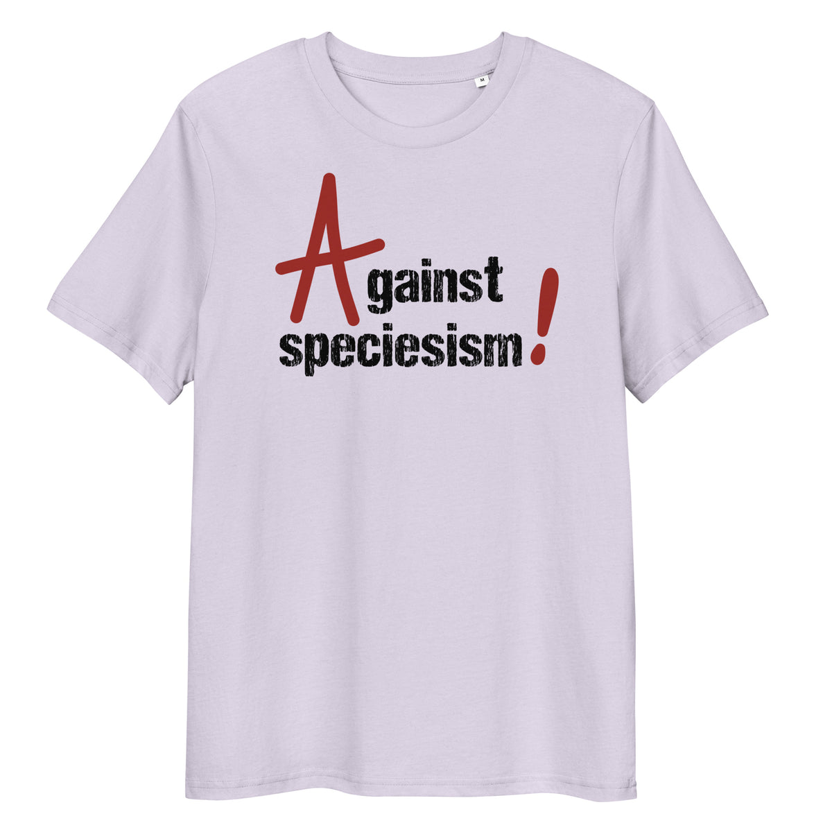 Hellgraues Bio-Baumwoll-T-Shirt mit rotem und schwarzem Aufdruck Against speciesism! im Frontbereich.