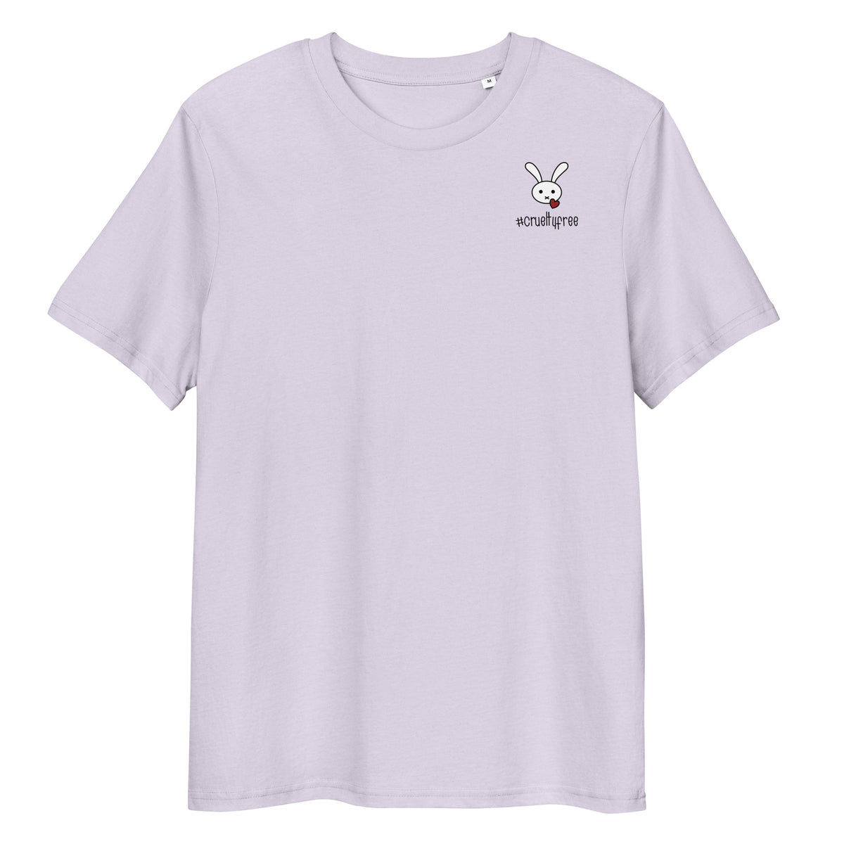 Hellviolettes Bio-Baumwoll-T-Shirt mit kleinem Hasen-Motiv und #crueltyfree Schriftzug auf der Brust.