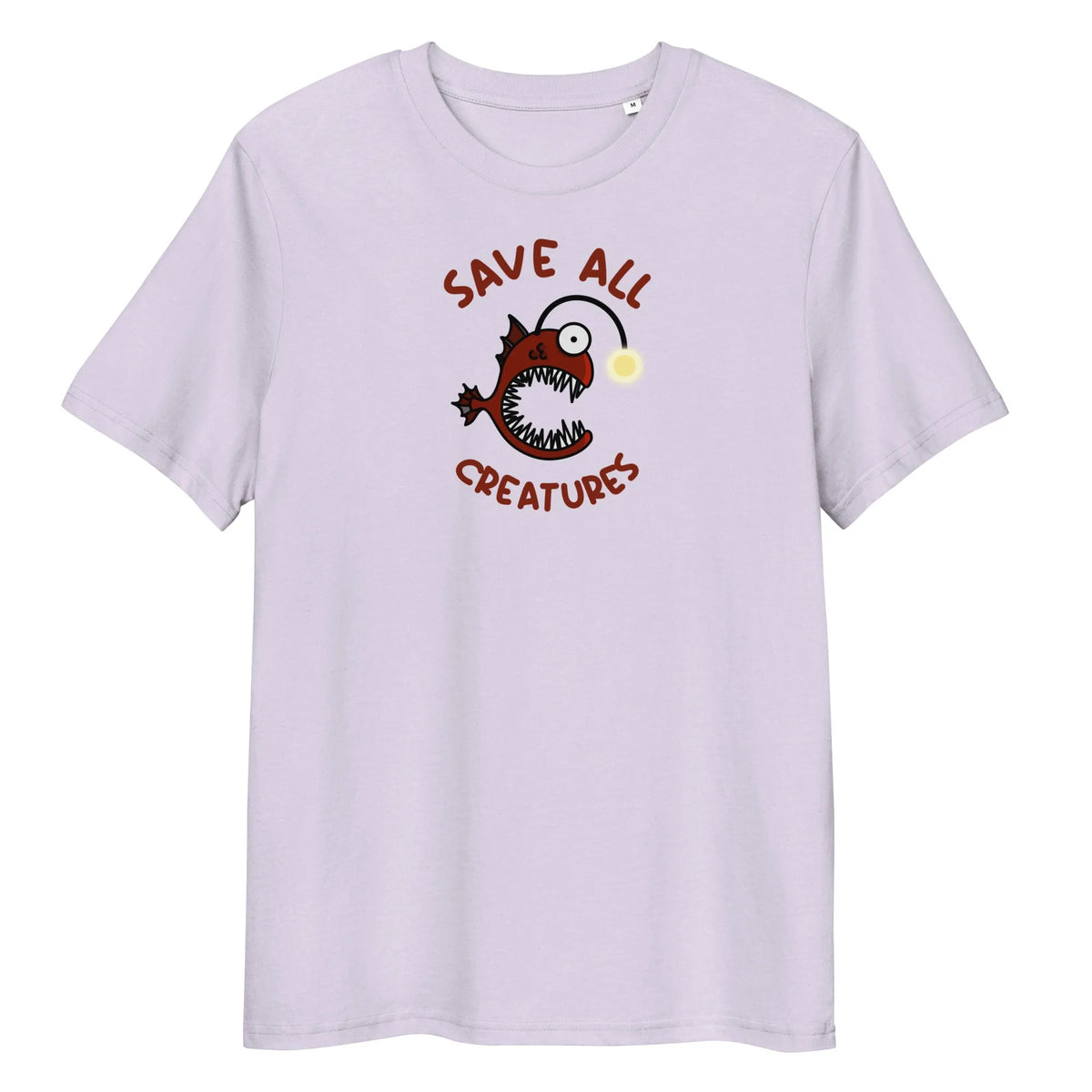 Veganes Bio-T-Shirt, helllila, Froschfisch-Aufdruck „Save All Creatures“