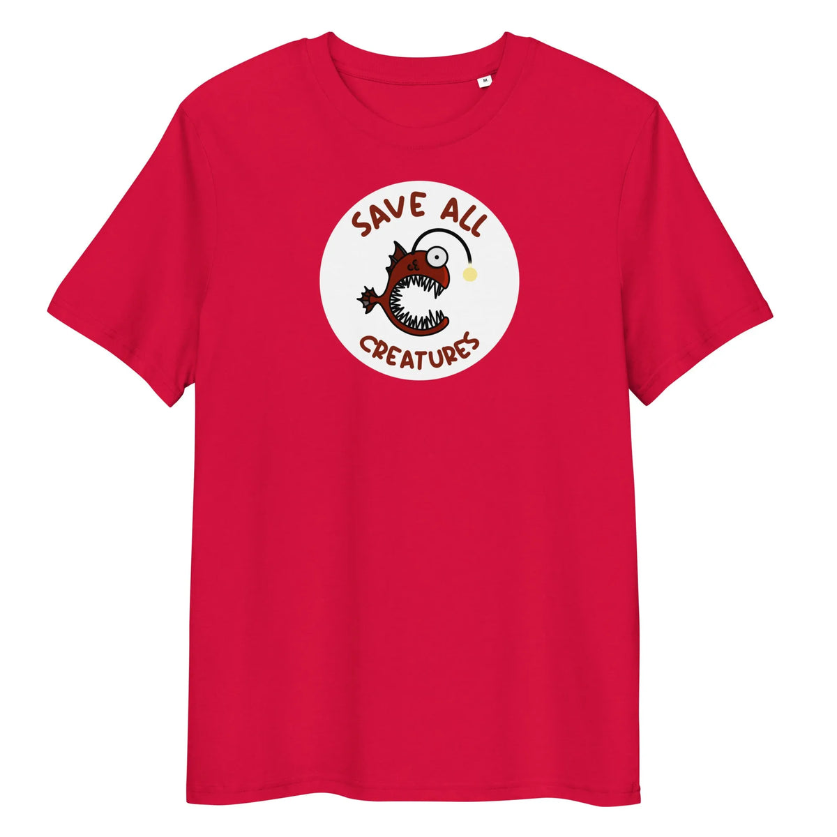 Rotes T-Shirt mit rundem Froschfisch-Print „Save All Creatures“