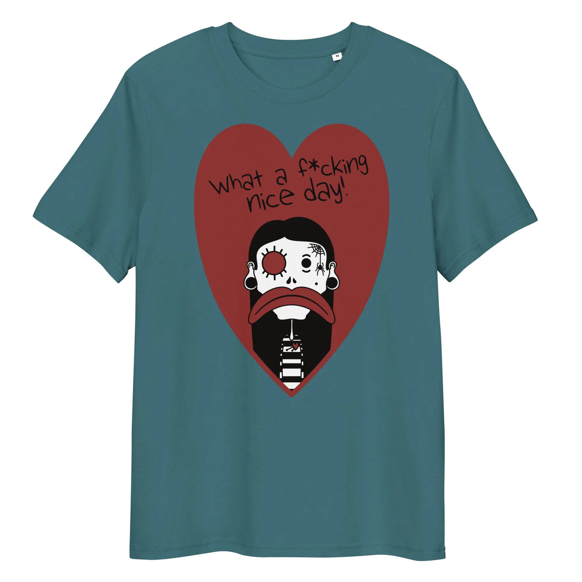 Veganes Bio-T-Shirt in Petrol mit Herzmotiv und Cartoon-Gesicht vorne