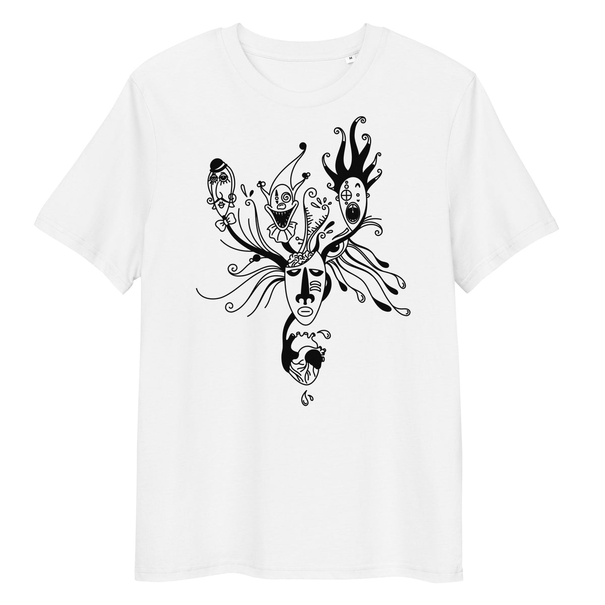 Weißes Bio-Baumwoll-T-Shirt mit schwarzem Mental Health Motiv, das eine Maske mit verschiedenen Gesichtsausdrücken zeigt.
