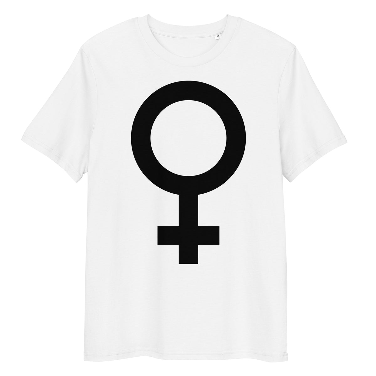 Weißes Bio-Baumwoll-T-Shirt mit schwarzem Feminismus-Symbol-Print, Rundhalsausschnitt und klassischer Passform.