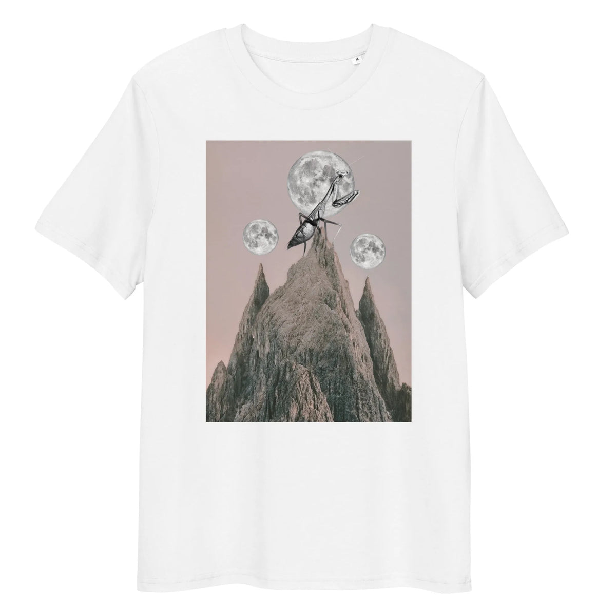 Veganes Bio-T-Shirt in Weiß mit Aufdruck: Mantis und Berglandschaft