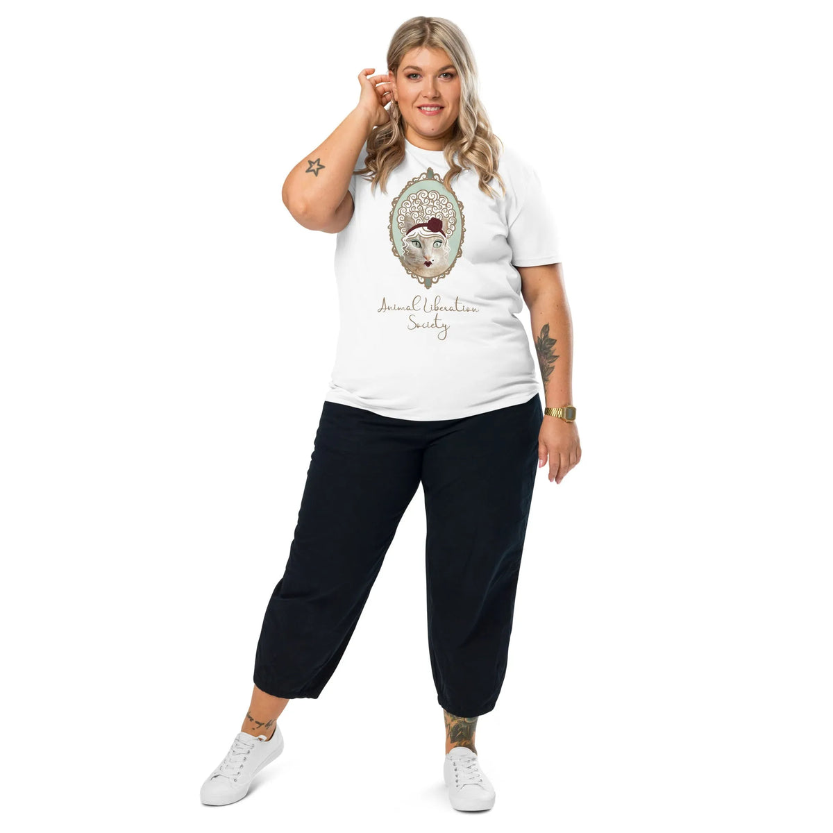 Weißes Damen-T-Shirt mit Katzen-Print und rundem Ausschnitt