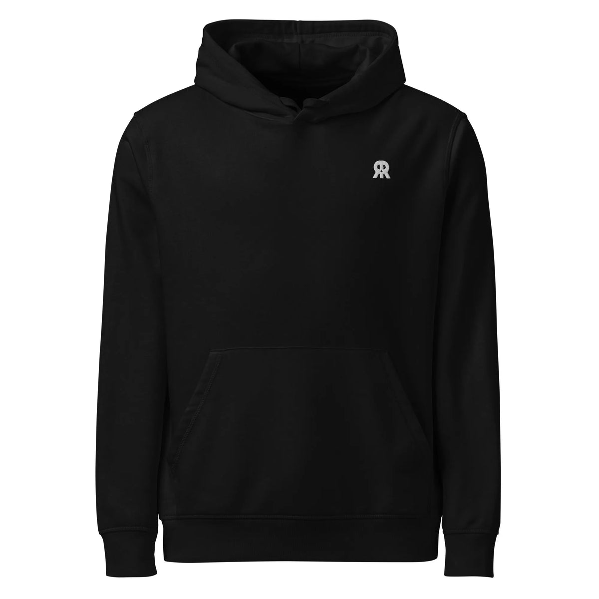 Schwarzer Kapuzenpullover mit Kängurutasche und kleinem Brust-Logo