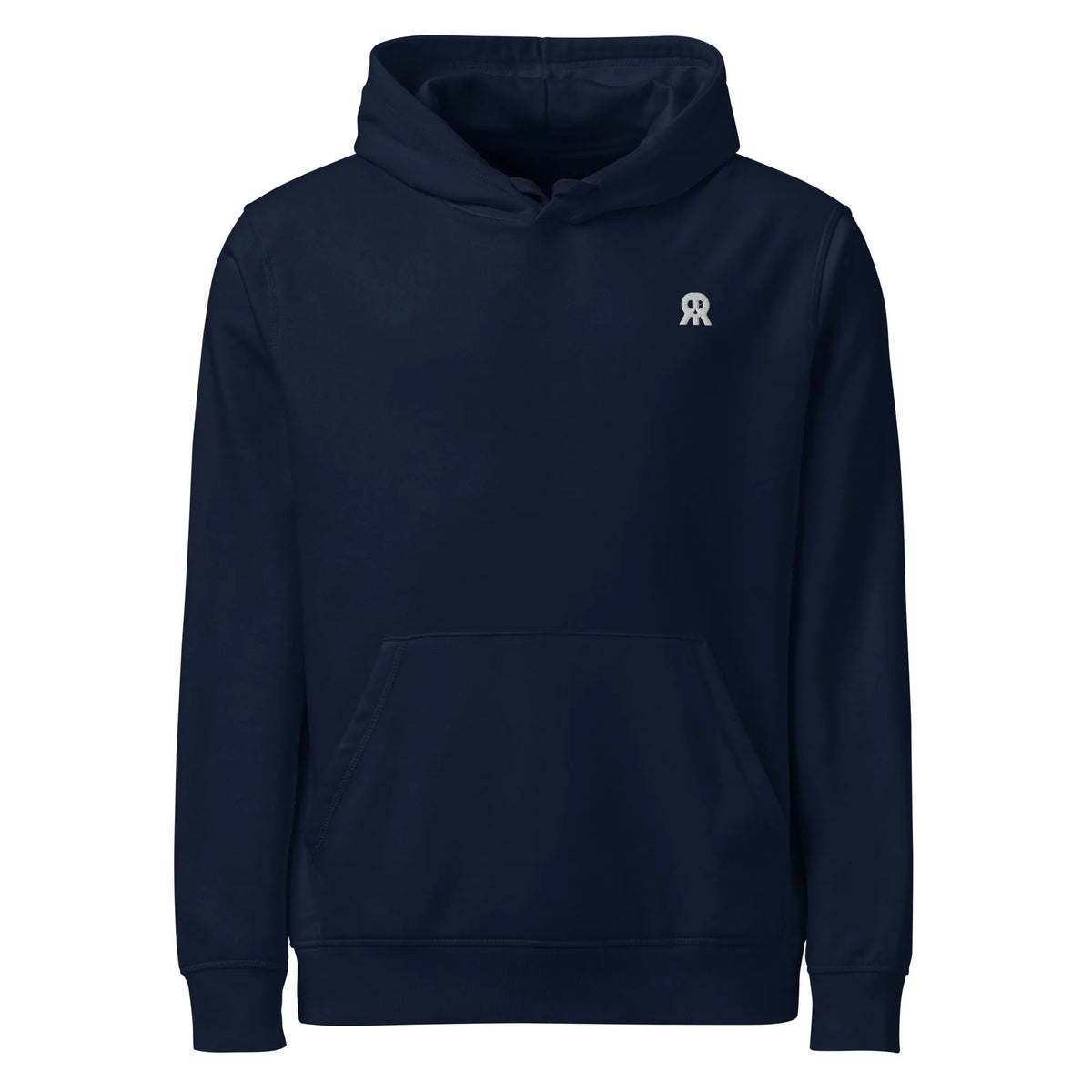 Dunkelblauer Kapuzenpullover mit Kängurutasche und kleinem Brust-Logo