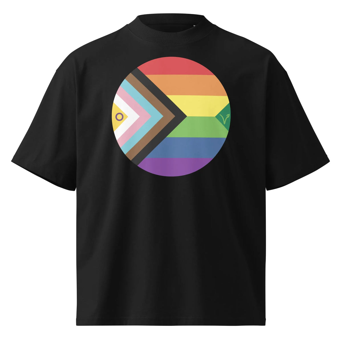 Schwarzes Oversized-Shirt mit rundem Regenbogen-Motiv und Pfeil