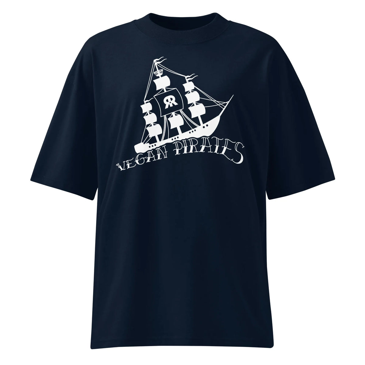 Oversized-T-Shirt dunkelblau mit großem Vegan-Piraten-Logo im Frontdruck