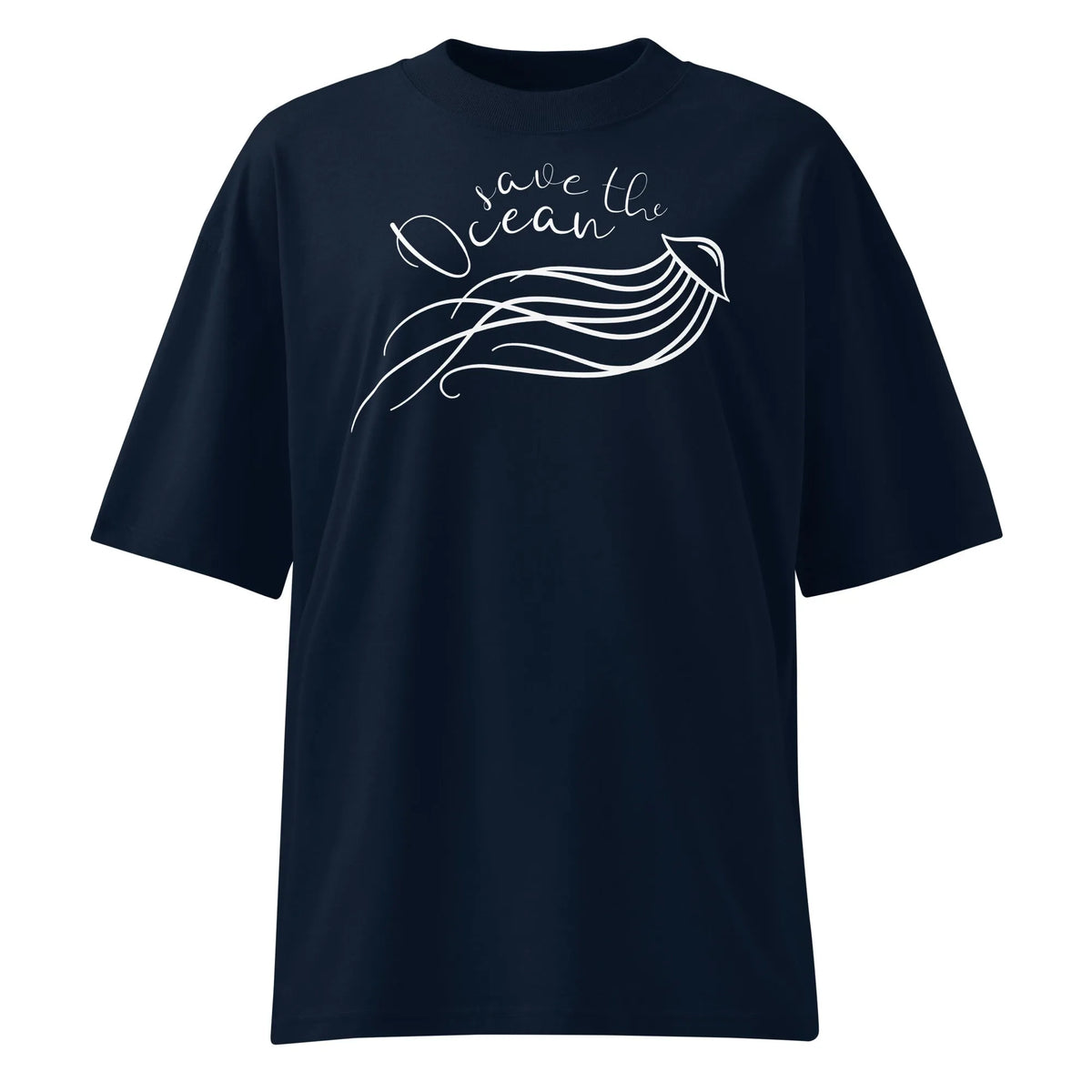 Oversize-T-Shirt in Dunkelblau mit Quallenprint und Ocean-Schriftzug, Rundhalsausschnitt