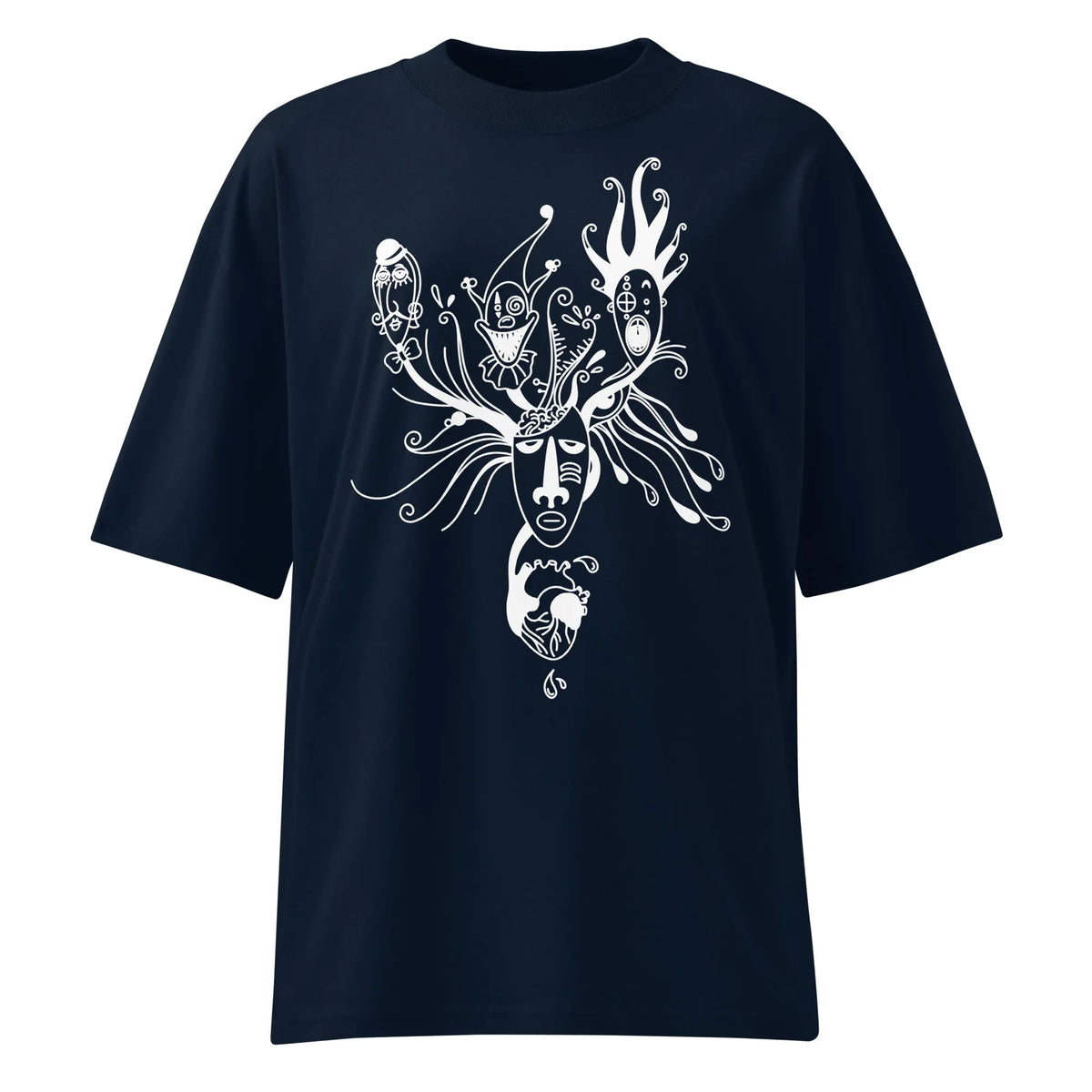 Oversized T-Shirt mit rundem Halsausschnitt, dunkelblau und weißem Kopf-Linienmotiv