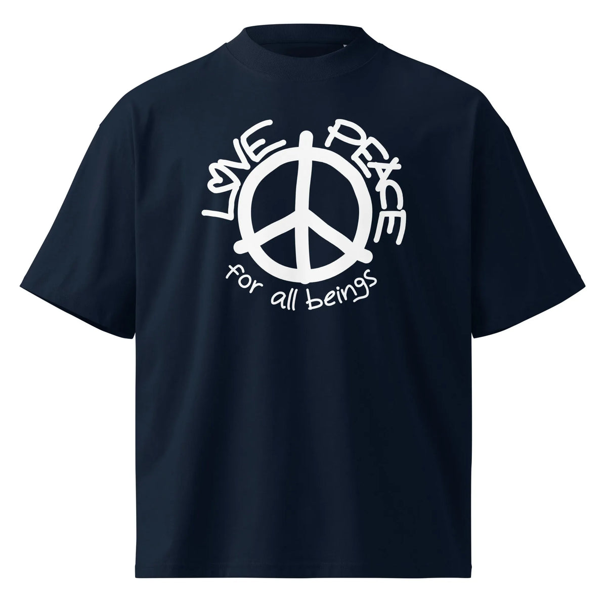 Oversized T-Shirt in French Navy mit Peace-Zeichen-Print und Schriftzug „for all beings“