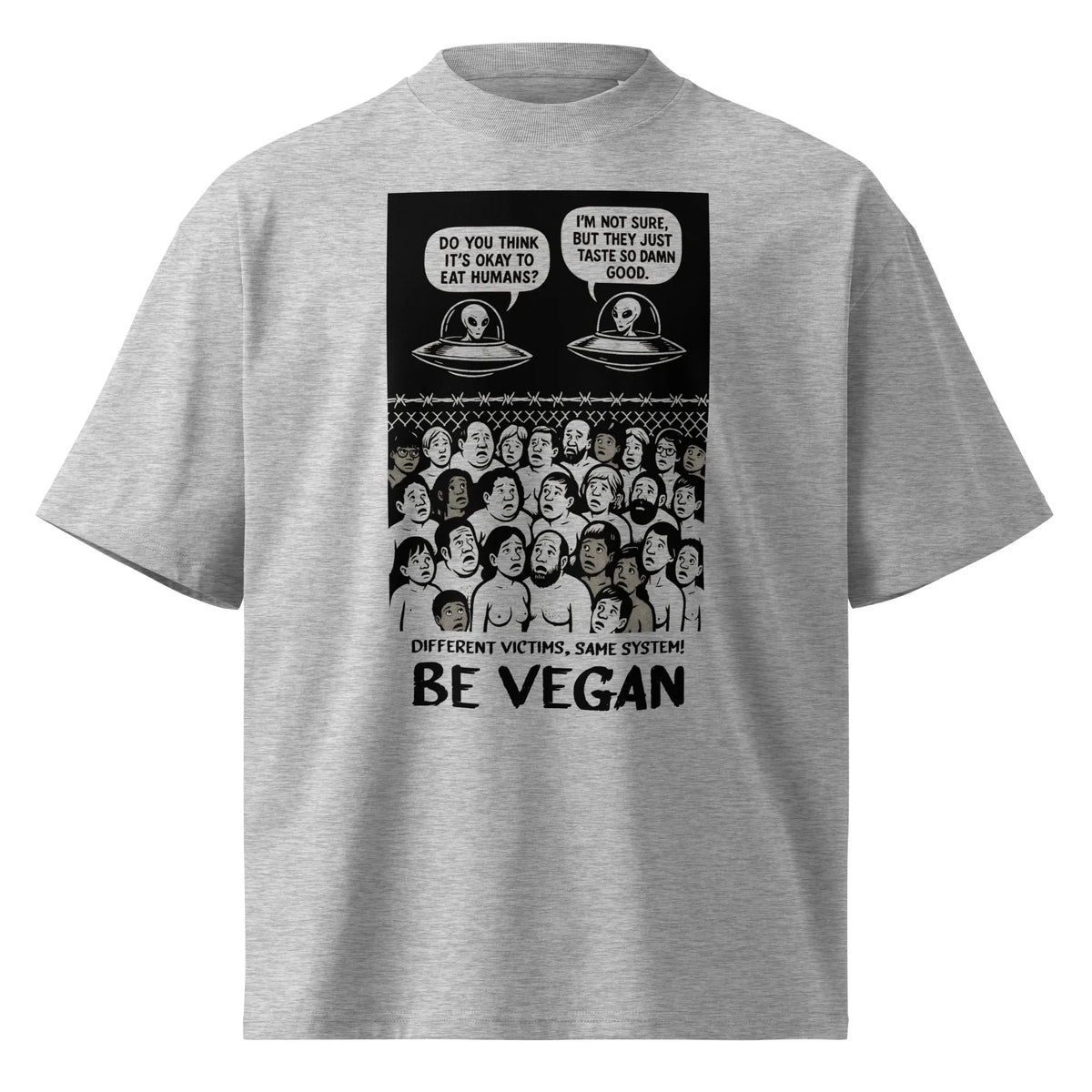 Oversize T-Shirt in Heather Grau mit Frontprint „BE VEGAN“ im Comic-Look
