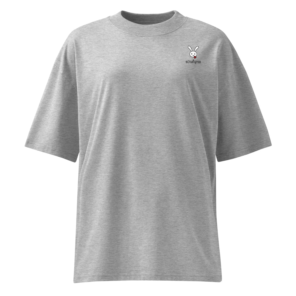 Graues Oversized-Shirt aus Bio-Baumwolle mit kleinem Hasen-Logo und #crueltyfree-Schriftzug auf der Brust.