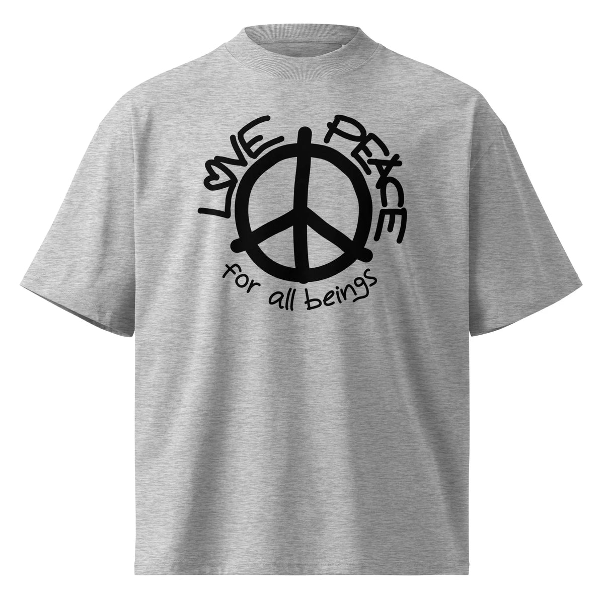 Oversized T-Shirt in Heather Grau mit Peace-Zeichen-Print und Schriftzug „for all beings“