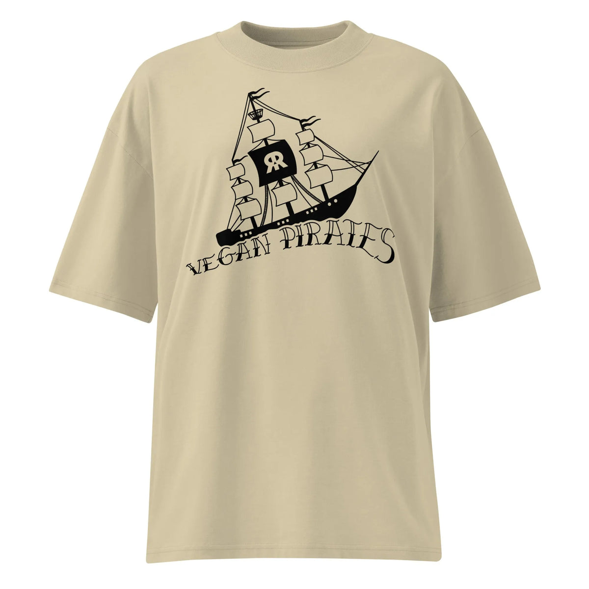 Oversized-T-Shirt steinfarben mit großem Vegan-Piraten-Frontmotiv