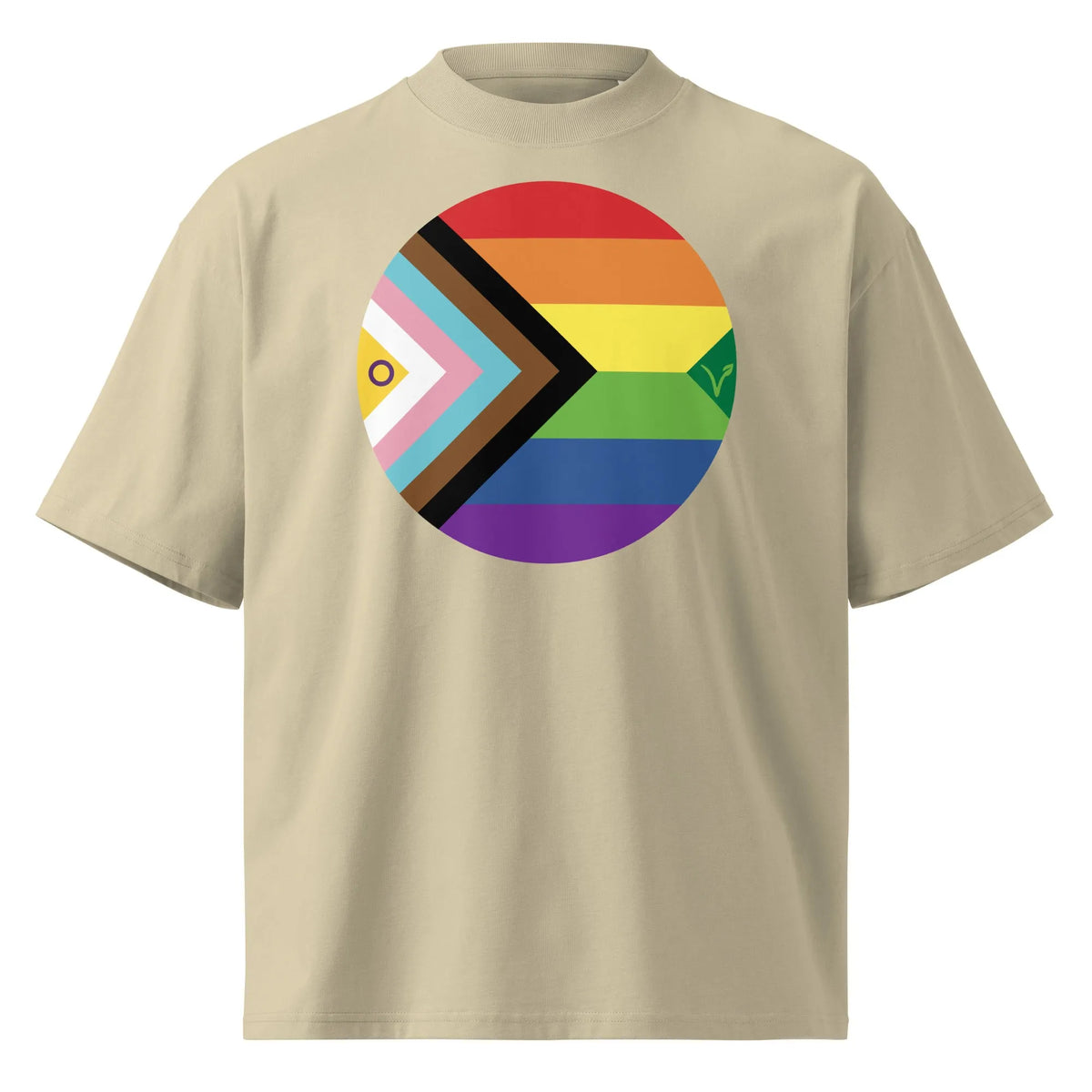 Beiges Oversized-Shirt mit rundem Regenbogen-Motiv und Pfeil