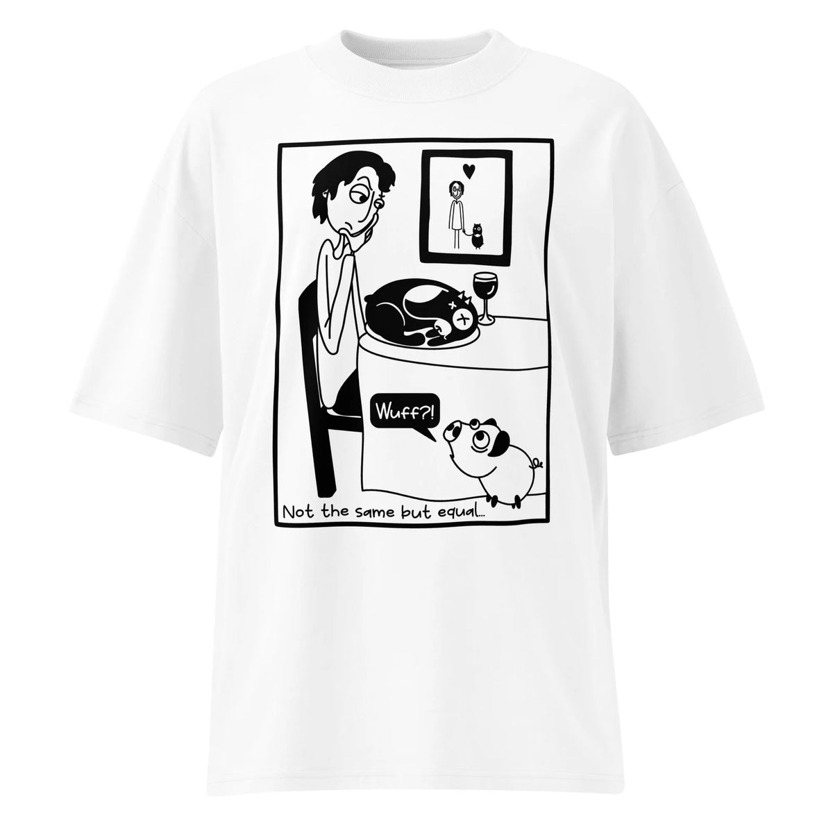 Oversized T‑Shirt von Pigdog in Weiß mit großem Comicdruck im Quadrat