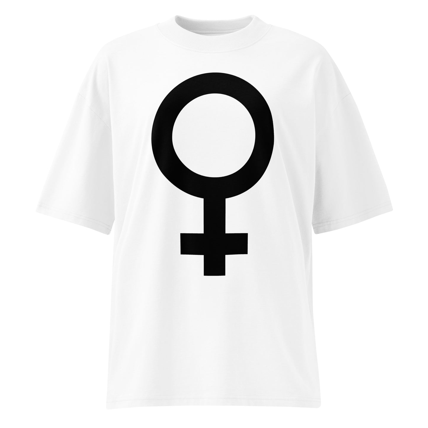 Weißes Oversized-Shirt aus Bio-Baumwolle mit schwarzem Feminismus-Symbol auf der Vorderseite.