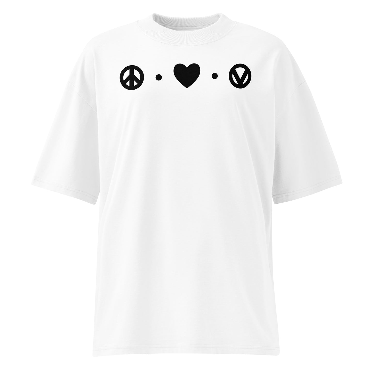 Weißes Bio-Baumwoll-Oversized-Shirt mit schwarzem Peace-Herz-Vegan-Aufdruck und überschnittenen Schultern.