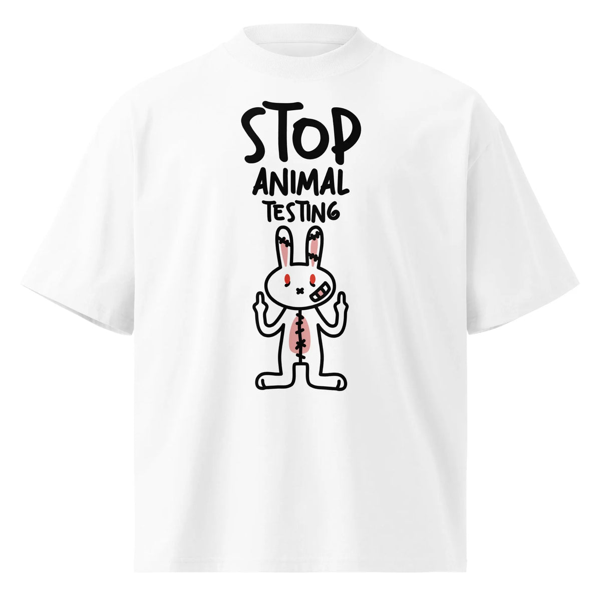 Oversized T-Shirt in Weiß mit Hasen-Motiv „Stop Animal Testing“