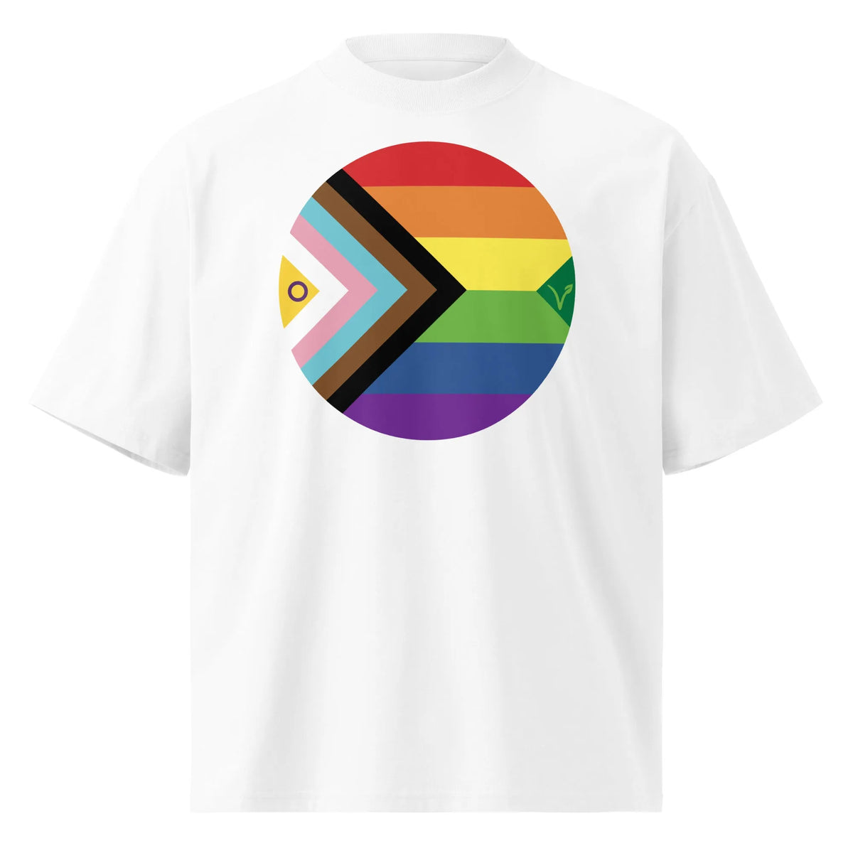 Weißes Oversized-Shirt mit rundem Regenbogen-Motiv und Pfeil