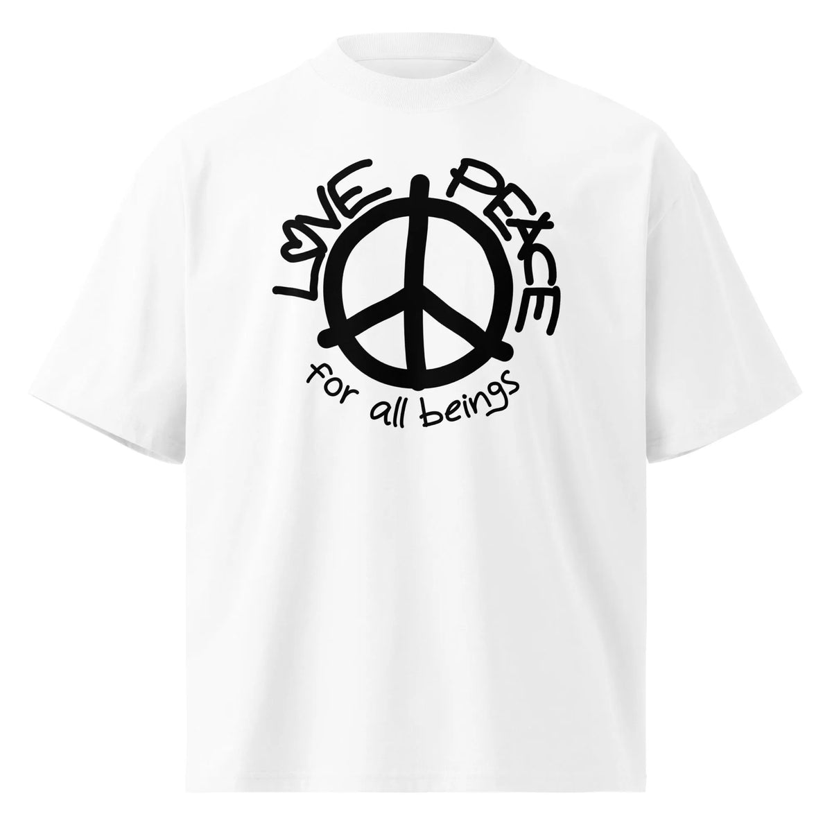 Oversized T-Shirt in Weiß mit Peace-Zeichen-Print und Schriftzug „for all beings“