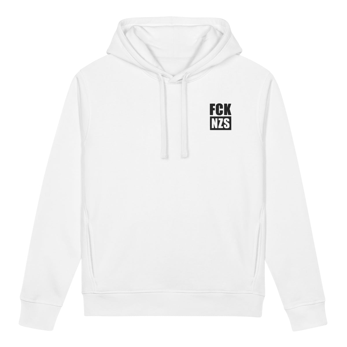 Weißer Hoodie mit Kapuze und Kordel, bestickter Aufdruck „FCK NZS“