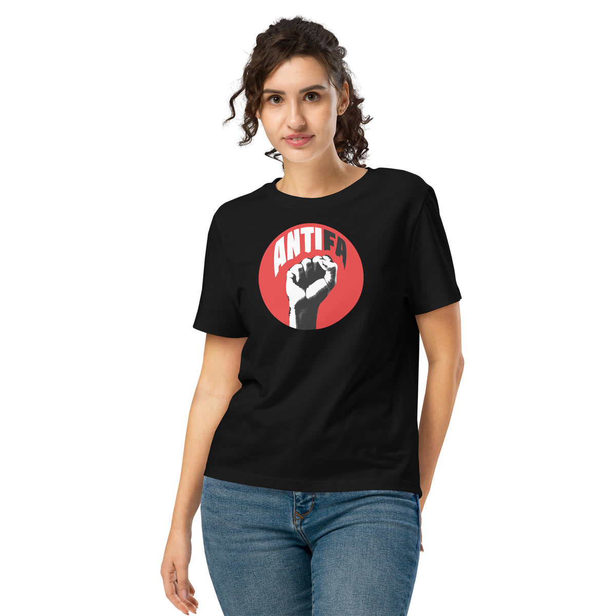 Damen-T-Shirt schwarz mit rundem ANTIFA-Logo und Faustmotiv