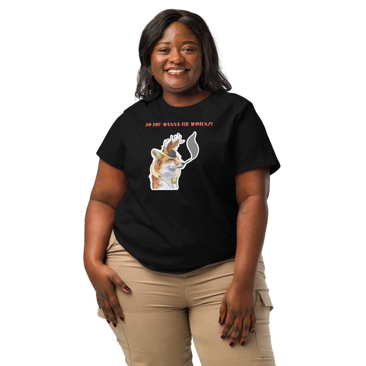 Getragenes schwarzes Damen-T-Shirt mit Fuchs-Comicprint und „DO YOU WANNA BE WORN?!“
