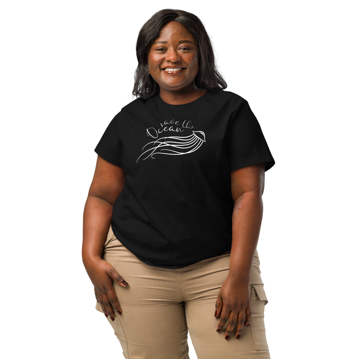 Schwarzes Damen-T-Shirt mit Rundhalsausschnitt und weißem Qualle-Ozean-Print
